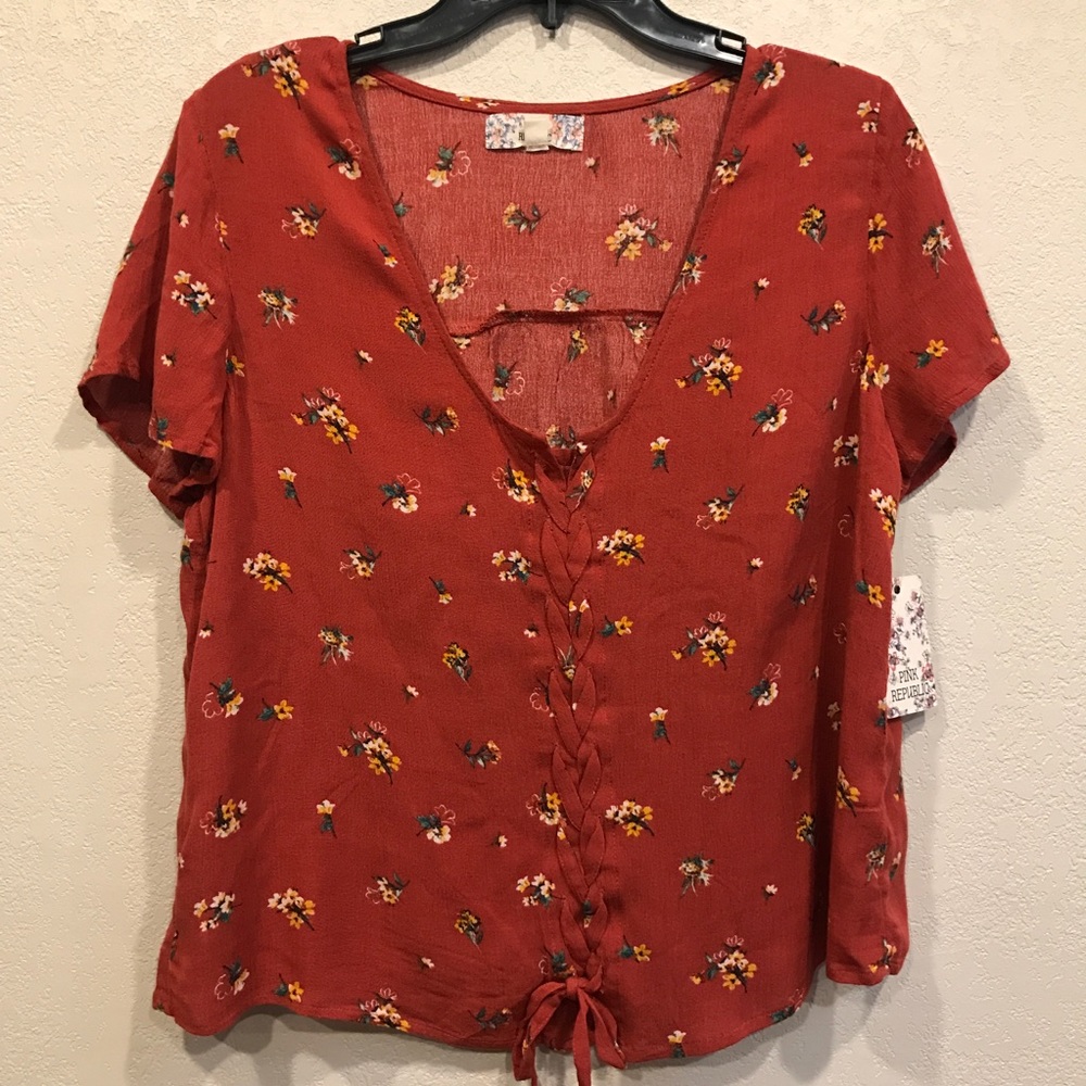 Rust Floral Print Lace Up Top